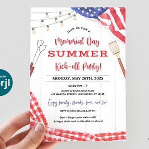 A Memorial Day Party invitation that can be printed or texted to guests. The design has a red, white, and blue American flag in the background along with red checkered picnic gingham. The text on the invitation reads: 'Join us for a Memorial Day Summer Kick-off Party! with Date, Time, and Location. Enjoy family, friends, food, and fun! RSVP info. Don't forget your swim suit! Bring a chair and a side dish to share!' The invitation can be personalized in Corjl.