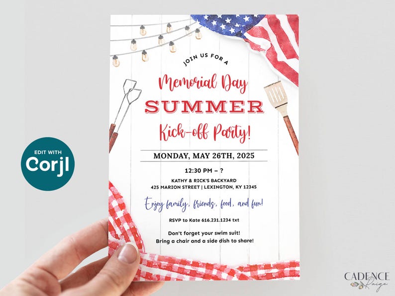 A Memorial Day Party invitation that can be printed or texted to guests. The design has a red, white, and blue American flag in the background along with red checkered picnic gingham. The text on the invitation reads: 'Join us for a Memorial Day Summer Kick-off Party! with Date, Time, and Location. Enjoy family, friends, food, and fun! RSVP info. Don't forget your swim suit! Bring a chair and a side dish to share!' The invitation can be personalized in Corjl.