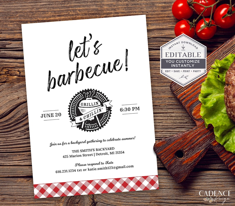 May include: A printable invitation for a barbecue party. The invitation is white with black text and a black and white illustration of a grill and the words "Grillin' & Chillin'". The invitation says "Let's Barbecue!" and includes the date, time, and location of the party.