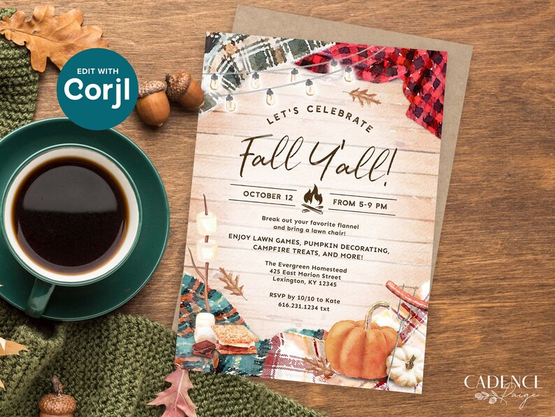 May include: Fall Y'all! invitation with a watercolor illustration of a pumpkin, plaid blankets, and a campfire. The invitation is for a party on October 12th from 5-9 PM. It includes details about the event, such as the address and RSVP information.