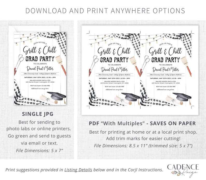 May include: A printable graduation party invitation with a black and white plaid pattern, string lights, and a graduation cap. The text on the invitation reads "Join us for a Grill & Chill Grad Party to celebrate Daniel Paul Miller".