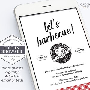 May include: A digital invitation for a barbecue party on 20th June at 6:30 PM. The invitation features a black and white illustration of a grill with the text "Grillin' & Chillin'" and the words "Let's barbecue!" in black cursive font. The invitation includes the address, "The Smith's Backyard, 425 Marion Street | Detroit, MI 21354", and a contact number, "616.231.1234", for RSVP.