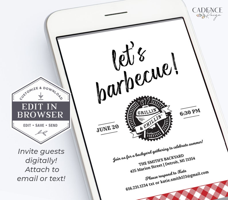 May include: A digital invitation for a barbecue party on 20th June at 6:30 PM. The invitation features a black and white illustration of a grill with the text "Grillin' & Chillin'" and the words "Let's barbecue!" in black cursive font. The invitation includes the address, "The Smith's Backyard, 425 Marion Street | Detroit, MI 21354", and a contact number, "616.231.1234", for RSVP.