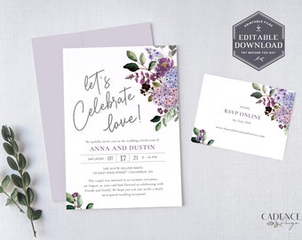 Intimate Wedding Invitation, Lavender Wedding Reception Invitation, Elopement Invitation, Light Purple Wedding Invite, Printable, Corjl, L1