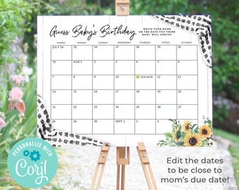 Op de afbeelding: Een witte kalender met zwarte rasterlijnen en de tekst "Guess Baby's Birthday". De kalender is ingesteld voor juli en augustus met een uitgerekende datum gemarkeerd op 11 augustus. De kalender is versierd met een zwart-wit geruit lint en zonnebloemen.