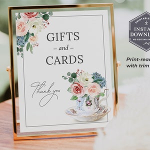 May include: Printable sign with a floral design and the text "GIFTS and CARDS" with a teacup and saucer illustration. The sign is in a gold frame and says "Thank you" at the bottom.
