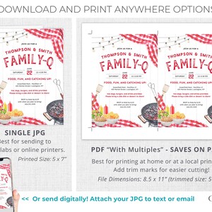 This playful summer family reunion invitation can feature two family names above the word "FAMILY-Q" or you can change it to REUNION. The design has classic BBQ elements like picnic food, grilling tools, and red checkered tablecloth draped in the corners. It will surely set the stage for a memorable day of family and fun! It says "FAMILY-Q" in bold letters to go with the playful vibe. The invitation can be printed or sent digitally by text.
