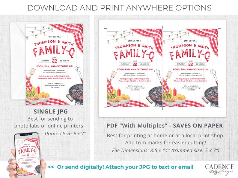 This playful summer family reunion invitation can feature two family names above the word "FAMILY-Q" or you can change it to REUNION. The design has classic BBQ elements like picnic food, grilling tools, and red checkered tablecloth draped in the corners. It will surely set the stage for a memorable day of family and fun! It says "FAMILY-Q" in bold letters to go with the playful vibe. The invitation can be printed or sent digitally by text.