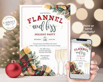 Flannel and Fizz Party Invitation, Christmas Party Invite, Christmas Bonfire Invitation, Christmas PJ Party, Plaid, NYE Invite, Corjl, P9
