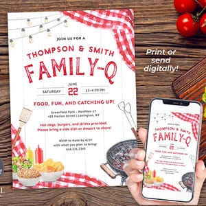 This playful summer family reunion invitation can feature two family names above the word "FAMILY-Q" or you can change it to REUNION. The design has classic BBQ elements like picnic food, grilling tools, and red checkered tablecloth draped in the corners. It will surely set the stage for a memorable day of family and fun! It says "FAMILY-Q" in bold letters to go with the playful vibe. The invitation can be printed or sent digitally by text.