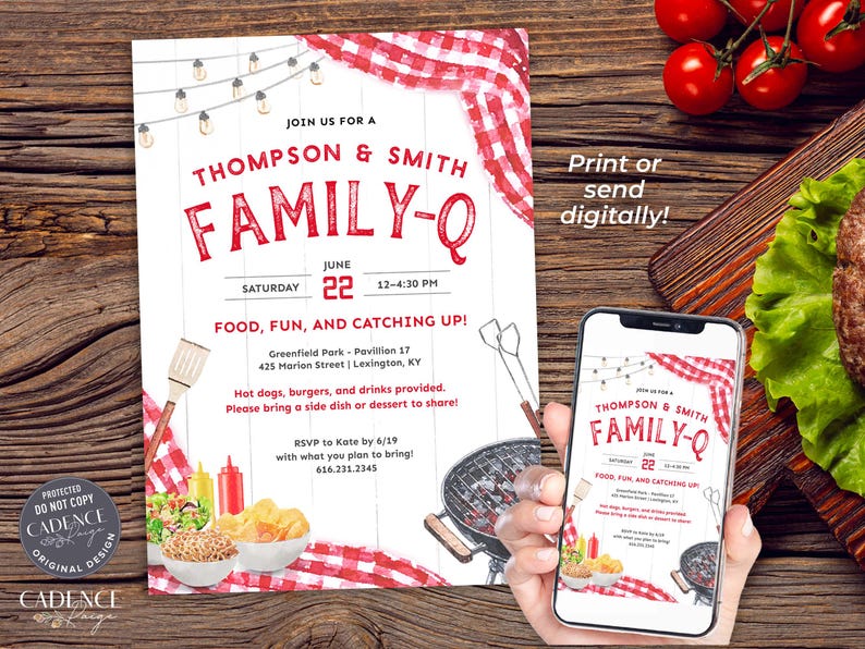 This playful summer family reunion invitation can feature two family names above the word "FAMILY-Q" or you can change it to REUNION. The design has classic BBQ elements like picnic food, grilling tools, and red checkered tablecloth draped in the corners. It will surely set the stage for a memorable day of family and fun! It says "FAMILY-Q" in bold letters to go with the playful vibe. The invitation can be printed or sent digitally by text.