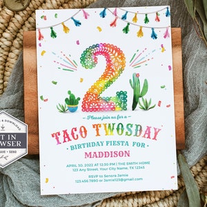 Convite de aniversário de dois anos para tacos, convite de 2º aniversário, terça-feira de tacos, dois anos para tacos, DOIS, 2º aniversário, convite faça você mesmo, para impressão, Corjl, A24 imagem 8
