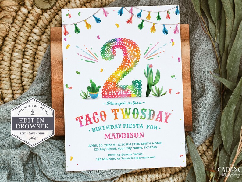 Convite de aniversário de dois anos para tacos, convite de 2º aniversário, terça-feira de tacos, dois anos para tacos, DOIS, 2º aniversário, convite faça você mesmo, para impressão, Corjl, A24 imagem 8