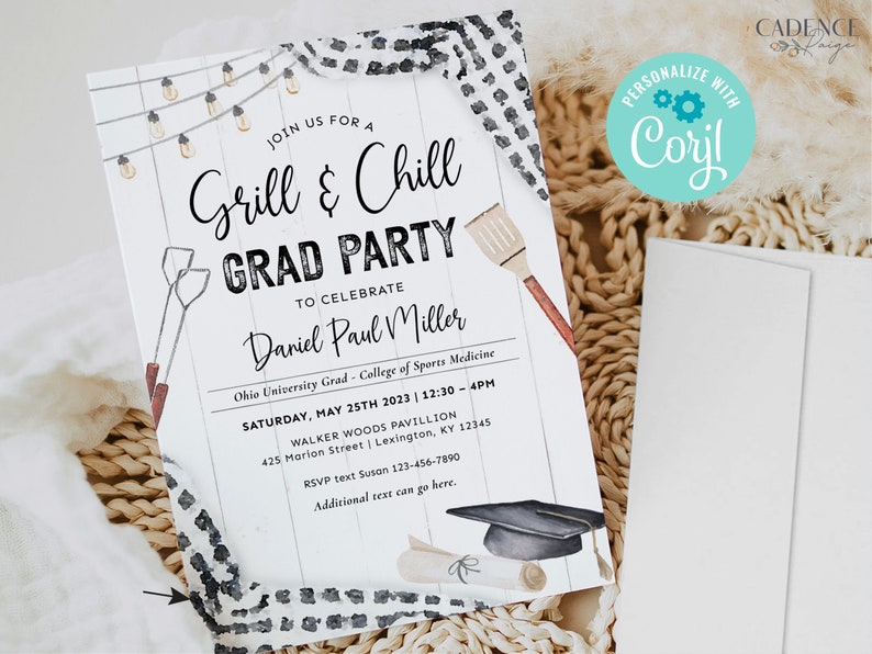 May include: A graduation party invitation with a white background and black and white checkered pattern. The invitation features a grill and a graduation cap with a scroll. The text reads "Join us for a Grill & Chill Grad Party to Celebrate Daniel Paul Miller Ohio University Grad - College of Sports Medicine Saturday, May 25th 2023 | 12:30 - 4PM Walker Woods Pavilion 425 Marion Street | Lexington, KY 12345 RSVP text Susan 123-456-7890 Additional text can go here."