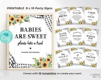 May include: Printable 8x10 party signs with a black and white checked background and sunflowers. The signs include text such as "Babies are sweet, please take a treat", "Diaper Raffle", "Hydration Station", "Burger Bar", "Baby Sock Hunt", "Lemonade & Sweet Tea Bar", "Dig into the BBQ Bar", "Bis for Baby BBQ and Brews", "Late Night Diapers", and "Cards and Gifts".