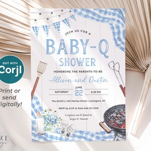 Invite guests to baby shower BBQ with this light blue Baby-Q shower invitation perfect for celebrating a baby boy on his way! This digital design features accents of  light blue gingham, twinkling lights, a matching bunting, all to inspire your decorations for a casual yet darling BBQ! The grilling tools, grill, baby shoes, bottle, and flowers can be deleted or moved if you prefer.