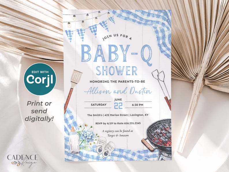 Invite guests to baby shower BBQ with this light blue Baby-Q shower invitation perfect for celebrating a baby boy on his way! This digital design features accents of  light blue gingham, twinkling lights, a matching bunting, all to inspire your decorations for a casual yet darling BBQ! The grilling tools, grill, baby shoes, bottle, and flowers can be deleted or moved if you prefer.