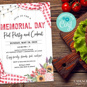May include: A red and white checkered picnic blanket with a floral design and a white wooden background. The text "JOIN US FOR A MEMORIAL DAY Pool Party and Cookout" is written in red and black letters. The date "SUNDAY, MAY 28, 2023" is written in black letters. The time "12:30 PM - ?" is written in black letters. The location "KATHY & RICK'S PLACE 425 MARION STREET | LEXINGTON, KY 12345" is written in black letters. The text "Enjoy family, friends, food, and fun!" is written in black letters. The text "RSVP to Kate 616.231.1234 txt" is written in black letters. The text "Bring a chair and a side dish to share!" is written in black letters.