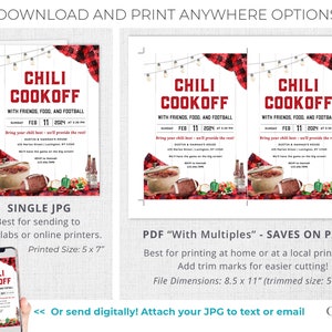 May include: Printable invitation for a chili cookoff with friends, food, and football. The invitation features a red and black plaid background with a watercolor illustration of a pot of chili, football, and other food items. The text on the invitation reads "Chili Cookoff" with the date and time of the event. The invitation is available in two formats: a single JPG for printing at a photo lab or online printer, and a PDF with multiples for printing at home or at a local print shop.