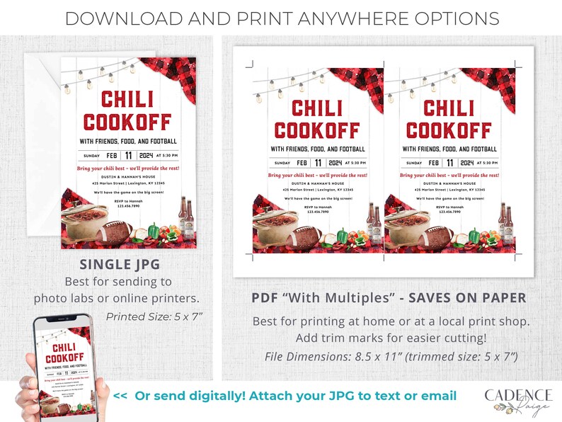 May include: Printable invitation for a chili cookoff with friends, food, and football. The invitation features a red and black plaid background with a watercolor illustration of a pot of chili, football, and other food items. The text on the invitation reads "Chili Cookoff" with the date and time of the event. The invitation is available in two formats: a single JPG for printing at a photo lab or online printer, and a PDF with multiples for printing at home or at a local print shop.