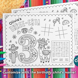 May include: A black and white printable coloring page featuring a llama, a cactus, a number three, and a word search puzzle. The page is decorated with a festive Mexican theme and includes the text "Olivia's Three-Esta".