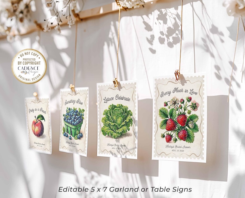 Fresh Off the Market Bridal Shower Banner featuring 18 unique 5x7 hanging signs, each adorned with vibrant fruit and vegetable illustrations and clever love-themed puns. Perfect for adding a fresh, rustic feel to your bridal shower, bachelorette party, or engagement celebration! Hang them all together as a statement piece or scatter them around the venue for a playful touch. Whether displayed indoors or outdoors, this bunting brings a pop of color and a dash of wit to your special day!