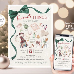 Könnte beinhalten: Eine grüne und weiße Einladung zu einer Weihnachtsfeier mit einer Aquarell-Illustration von Geschenken, Nagellack und anderen festlichen Gegenständen. Der Text lautet "Favorite Things Holiday Party" mit Datum und Uhrzeit der Party.