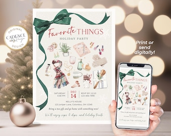 May include: A green and white holiday party invitation with a watercolor illustration of gifts, nail polish, and other festive items. The text reads "Favorite Things Holiday Party" with the date and time of the party.