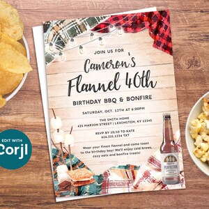 May include: A printable invitation for a 40th birthday party with a flannel theme. The invitation features a watercolor illustration of a campfire with marshmallows, a s'more, and a bottle of beer. The text on the invitation reads "Join us for Cameron's Flannel 40th Birthday BBQ & Bonfire Saturday, Oct. 12th at 6:00PM The Smith Home 425 Marion Street | Lexington, KY 12345 RSVP by 10/10 to Kate 616.231.1234 TXT Wear your finest flannel and come toast to the birthday boy! We'll enjoy cold brews, cozy eats and bonfire treats!"