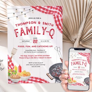 This playful summer family reunion invitation can feature two family names above the word "FAMILY-Q" or you can change it to REUNION. The design has classic BBQ elements like picnic food, grilling tools, and red checkered tablecloth draped in the corners. It will surely set the stage for a memorable day of family and fun! It says "FAMILY-Q" in bold letters to go with the playful vibe. The invitation can be printed or sent digitally by text.