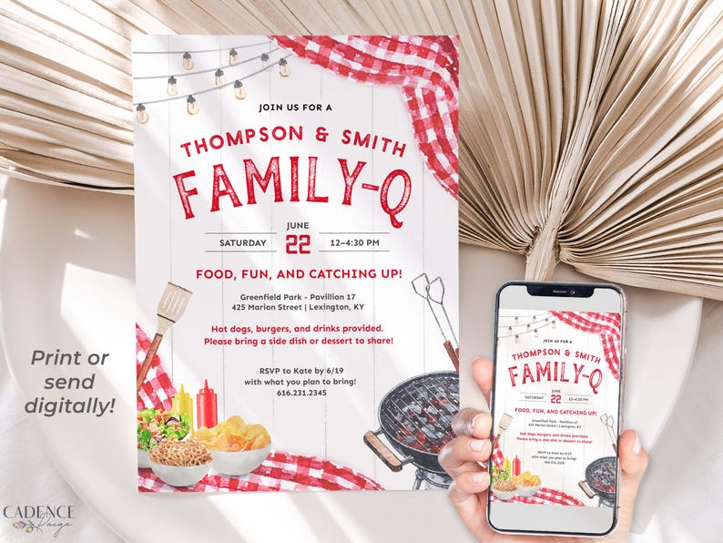This playful summer family reunion invitation can feature two family names above the word "FAMILY-Q" or you can change it to REUNION. The design has classic BBQ elements like picnic food, grilling tools, and red checkered tablecloth draped in the corners. It will surely set the stage for a memorable day of family and fun! It says "FAMILY-Q" in bold letters to go with the playful vibe. The invitation can be printed or sent digitally by text.