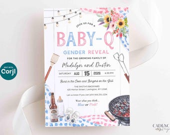 Gender Reveal Baby-Q Invitation, Gender Reveal BBQ Party Invite, Baby Reveal, He or She, Pink and Blue, Phone Invite, Editable Template BQGR