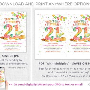 May include: A printable invitation for a 21st birthday party with a colourful watercolour design featuring the number 21, confetti, and a margarita. The text reads "Taco 'Bout A Birthday!" and includes the party details. The invitation is available in single JPG and PDF formats with multiples.