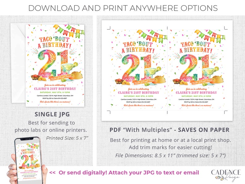 May include: A printable invitation for a 21st birthday party with a colourful watercolour design featuring the number 21, confetti, and a margarita. The text reads "Taco 'Bout A Birthday!" and includes the party details. The invitation is available in single JPG and PDF formats with multiples.