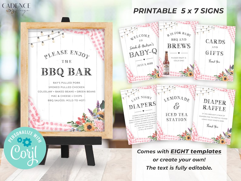 May include: Printable 5x7 signs for a baby shower with a BBQ theme. The signs feature a pink and white gingham pattern with floral accents. The text on the signs includes "Please Enjoy the BBQ Bar", "Welcome to Sarah & Andrew's Baby-Q", "Bis for Baby BBQ and Brews", "Late Night Diapers", "Lemonade & Iced Tea Station", "Cards and Gifts", and "Diaper Raffle".