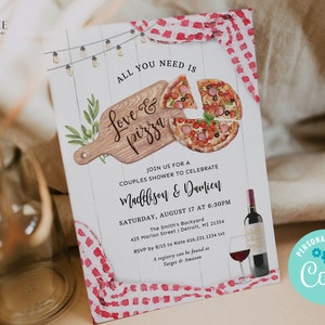 May include: A printable invitation for a couples shower with a pizza and wine theme. The invitation features a watercolor illustration of a pizza on a wooden cutting board with the text "Love & Pizza". The invitation also includes the text "Join us for a couples shower to celebrate Maddison & Damien".
