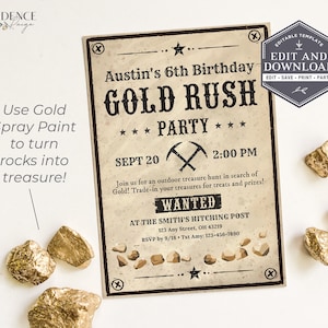 Golden Birthday Invitation, Gold Rush Birthday Invite, Unique Kids Birthday Invitation, Wild West Theme Birthday, Gold, DIY Corjl Printable