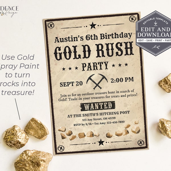 Golden Birthday Invitation, Gold Rush Birthday Invite, Unique Kids Birthday Invitation, Wild West Theme Birthday, Gold, DIY Corjl Printable