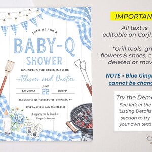 Invite guests to baby shower BBQ with this light blue Baby-Q shower invitation perfect for celebrating a baby boy on his way! This digital design features accents of  light blue gingham, twinkling lights, a matching bunting, all to inspire your decorations for a casual yet darling BBQ! The grilling tools, grill, baby shoes, bottle, and flowers can be deleted or moved if you prefer.