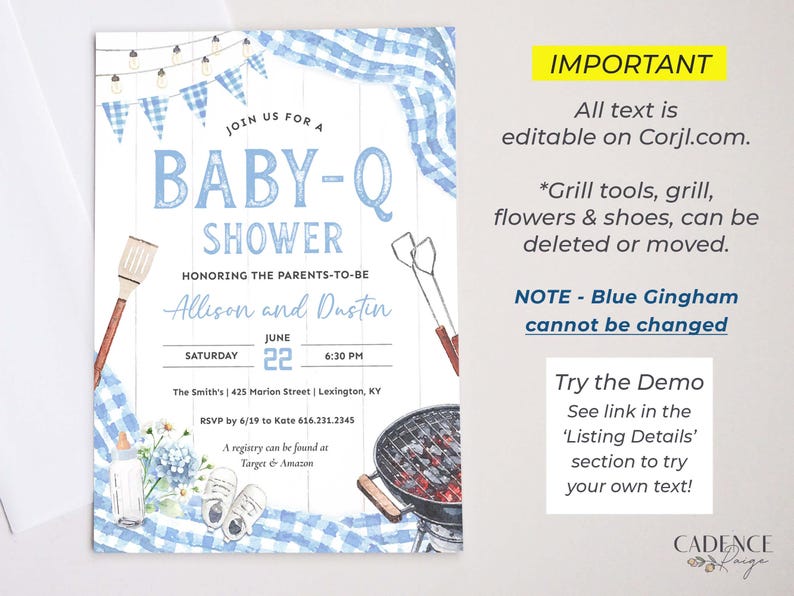 Invite guests to baby shower BBQ with this light blue Baby-Q shower invitation perfect for celebrating a baby boy on his way! This digital design features accents of  light blue gingham, twinkling lights, a matching bunting, all to inspire your decorations for a casual yet darling BBQ! The grilling tools, grill, baby shoes, bottle, and flowers can be deleted or moved if you prefer.