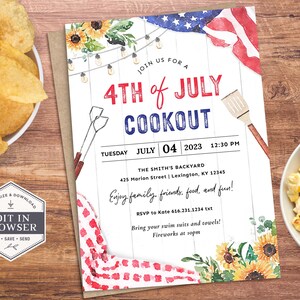 4th of July Party Invitation, 4th of July Cookout Invitation, July 4th ...