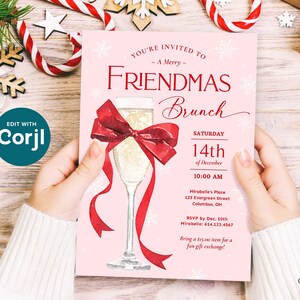 This pink and red Friendmas invitation features a big red bow tied around a glass of bubbly, perfect for a girls brunch or holiday party with friends! It says "You're Invited to a Merry Friendmas Brunch" against a snowy pink background.