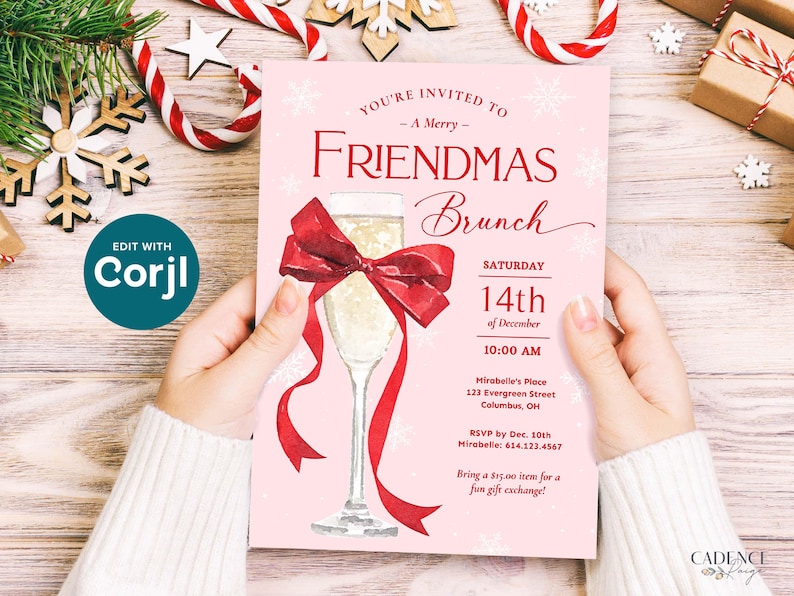 This pink and red Friendmas invitation features a big red bow tied around a glass of bubbly, perfect for a girls brunch or holiday party with friends! It says "You're Invited to a Merry Friendmas Brunch" against a snowy pink background.