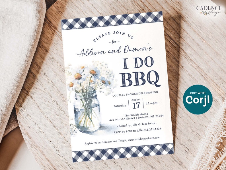 Invitation for BBQ Couples Shower in Navy I Do BBQ Shower Invitation with Daisies in Mason Jar and Navy Gingham Digital Invitation for BBQ image 10