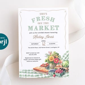 This Fresh Off the Market Bridal Shower invitation is perfect for a farmers market themed celebration. The design features watercolor illustrations of fresh cut flowers, fresh vegetables, mixed berries, crusty bread, and timeless green gingham setting the stage for a charming market style celebration.
