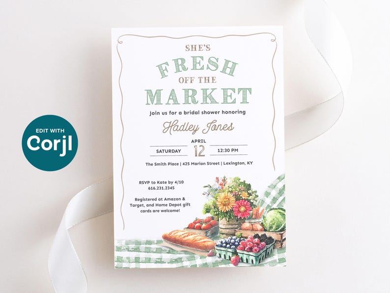 This Fresh Off the Market Bridal Shower invitation is perfect for a farmers market themed celebration. The design features watercolor illustrations of fresh cut flowers, fresh vegetables, mixed berries, crusty bread, and timeless green gingham setting the stage for a charming market style celebration.