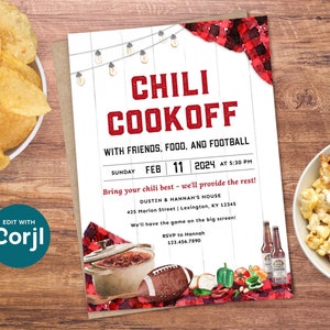 May include: A red and white checkered invitation for a chili cookoff with friends, food, and football. The invitation includes the date, time, and location of the event. It also includes the text "Bring your chili best - we'll provide the rest!" and "RSVP to Hannah 123.456.7890".