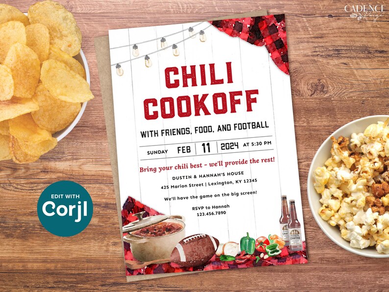May include: A red and white checkered invitation for a chili cookoff with friends, food, and football. The invitation includes the date, time, and location of the event. It also includes the text "Bring your chili best - we'll provide the rest!" and "RSVP to Hannah 123.456.7890".