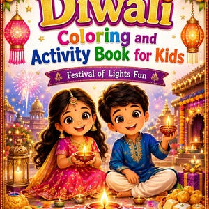 May include: A vibrant illustration for a Diwali coloring and activity book for kids. The cover features the text "Diwali Coloring and Activity Book for Kids" with a festive design. Two children are holding candles, surrounded by lights and sweets.