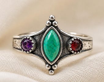 Anillo de estilo vintage con turquesa, granate y amatista, plata de ley 925. Anillo llamativo. Regalo de San Valentín para ella.